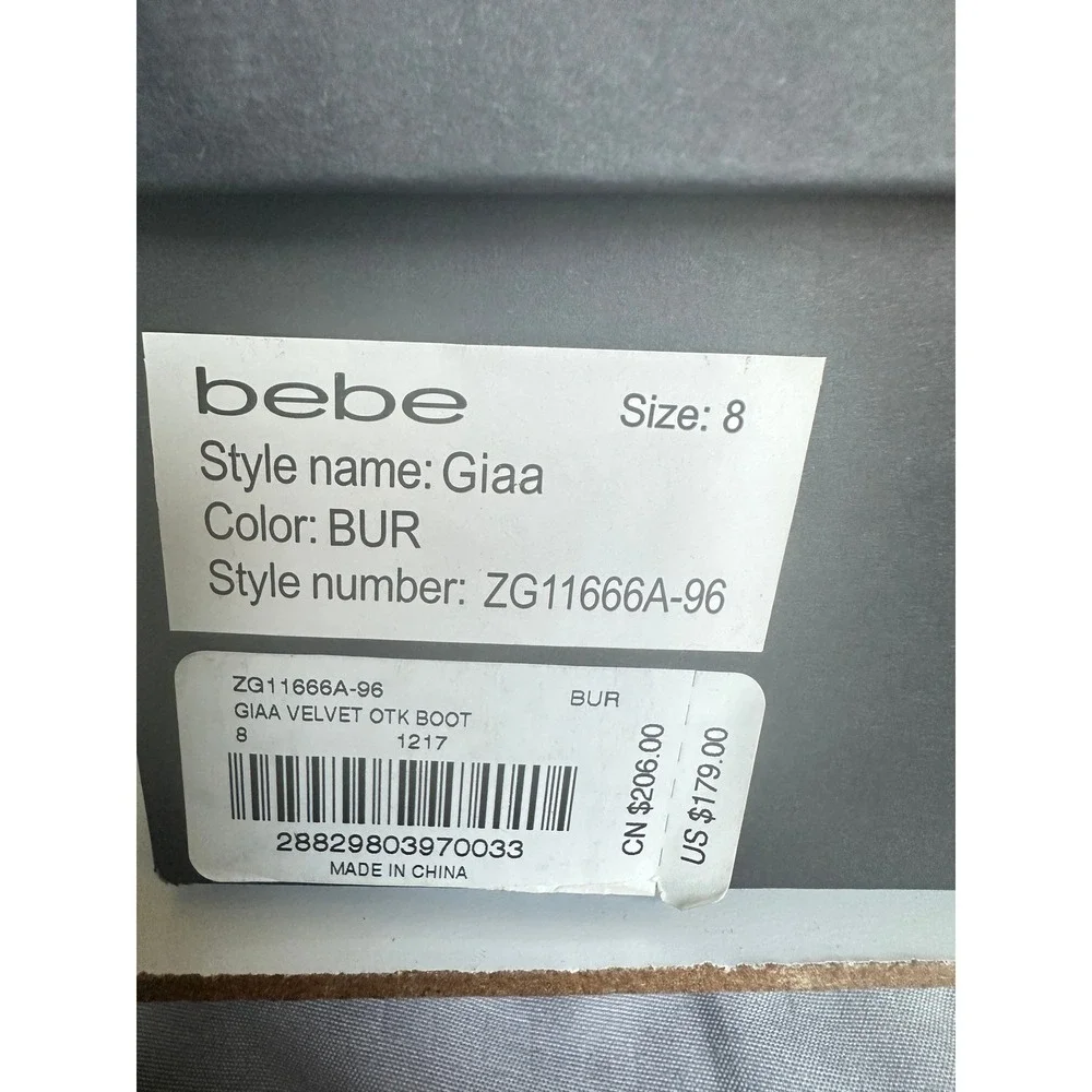 Bebe Giaa Velvet Burgundy Over The Knee Stiletto Heel Boots Size 8 Glam NWB‎